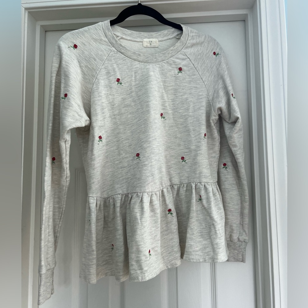 T.LA Anthropologie Light Gray Peplum Sweatshirt with Rose Embroidery